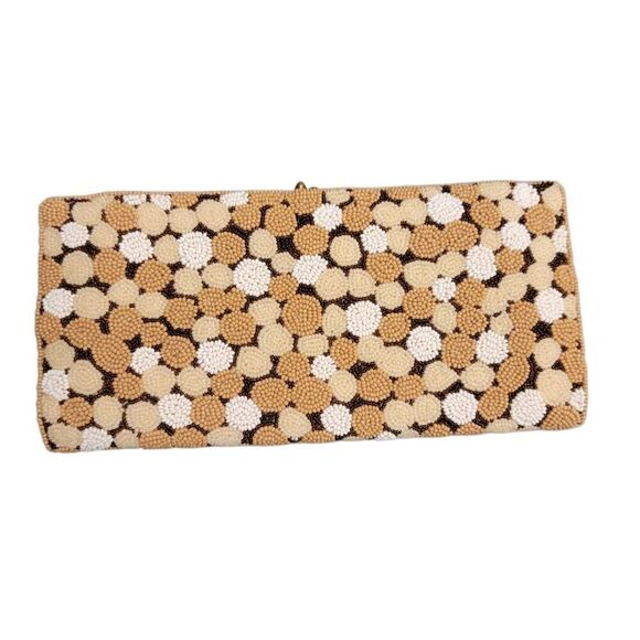 Vintage Formal Beaded Clutch Saks Fifth Avenue Neutral Satin Cocktail Bag - Picture 13 of 13